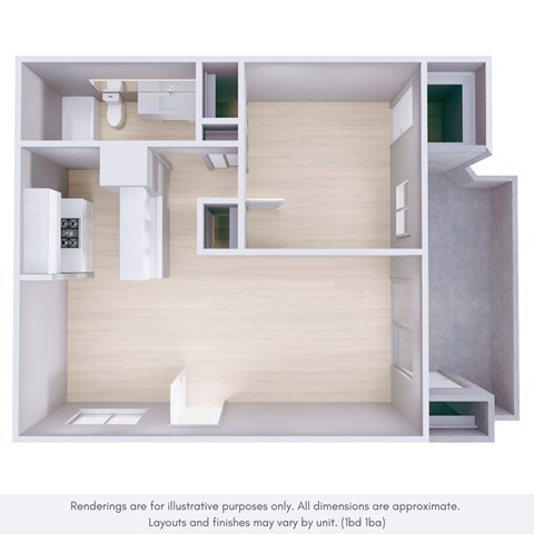 Floor plan for 1 bed, 1 bath, 633 sqft